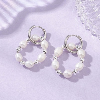 Natural Freshwater Pearl & Synthetic Hematite Bead & 202 Stainless Steel Hoop Earrings EJEW-JE07228-1