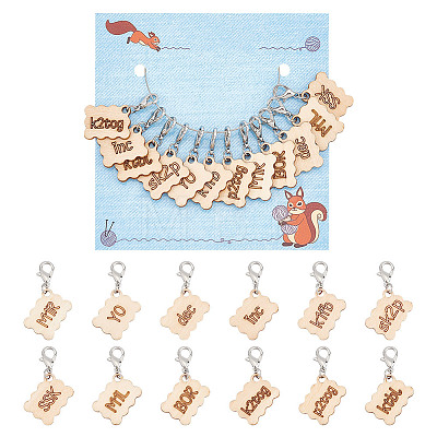 12Pcs 12 Style Wood Pendant Locking Stitch Markers HJEW-AB00643-1