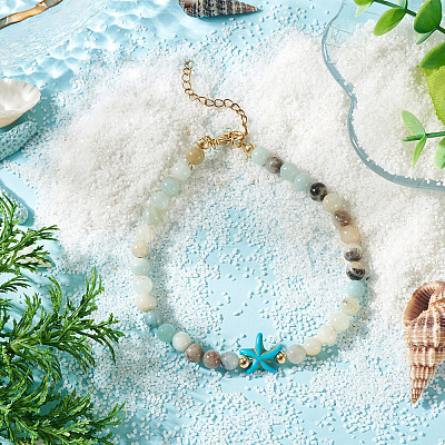 Ocean Dyed Synthetic Turquoise Starfish and Natural Flower Amazonite Round Beaded Anklets for Women AJEW-TA00060-1