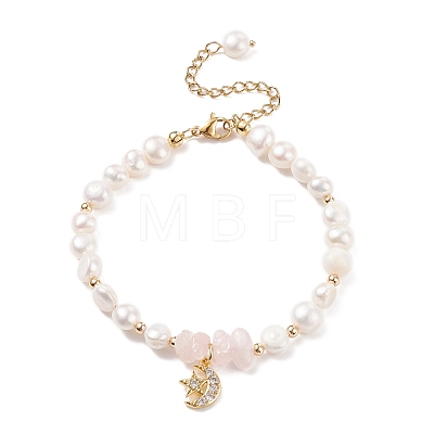Natural Rose Quartz Chips & Pearl Beaded Bracelet BJEW-JB08236-01-1