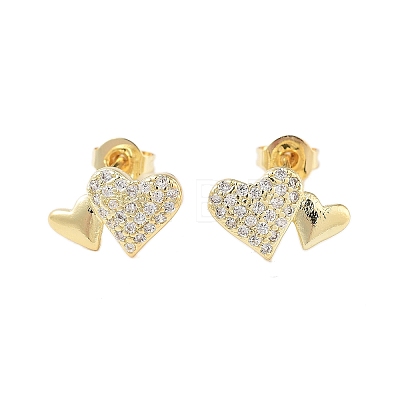 Brass Micro Pave Clear Cubic Zirconia Heart Stud Earrings for Women EJEW-A110-09G-1