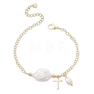201 Stainless Steel & Natural Cultured Freshwater Pearl Charm Bracelets BJEW-JB13659-1