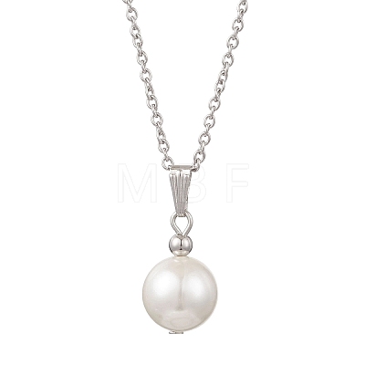 Shell Pearl White Round Pendant 304 Stainless Steel Cable Chain Necklaces for Women NJEW-JN05760-01-1