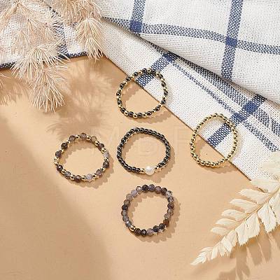 5Pcs 5 Style Natural Rainbow Moonstone & Dichroite & Synthetic Hematite Round Beaded Stretch Finger Rings Set RJEW-JR00527-1