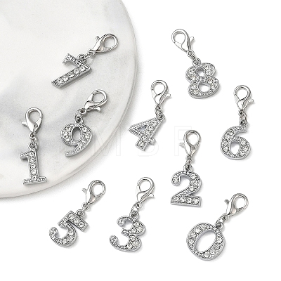 10Pcs 10 Styles Number 0~9 Alloy Rhinestone Pendant Decorations HJEW-YW00549-1