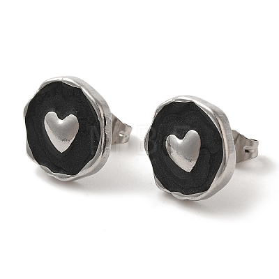 304 Stainless Steel Flat Round with Heart Stud Earrings EJEW-C114-15P-01-1