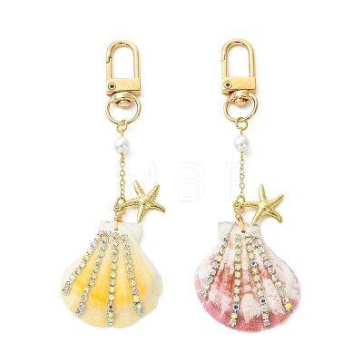 Natural Scallop Shell & Brass Rhinestone Pendant Decorations HJEW-TA00459-1
