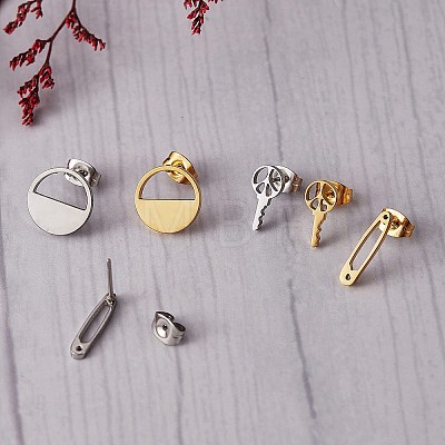 6Pairs 6 Style Half Round & Safety Pin & Key 304 Stainless Steel Stud Earrings for Women EJEW-SZ0001-64-1