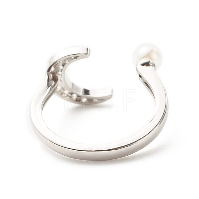 Clear Cubic Zirconia Moon Open Cuff Ring with Imitation Pearl for Women RJEW-A003-01P-1