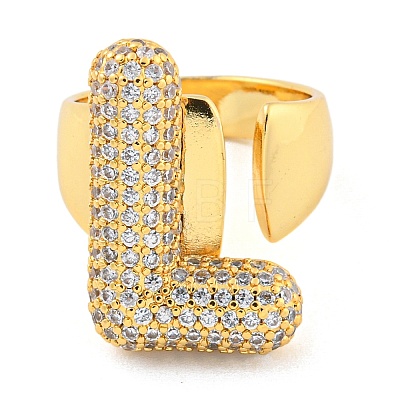 Brass Micro Pave Clear Cubic Zirconia Letter Open Cuff Ring for Women RJEW-M173-01G-L-1