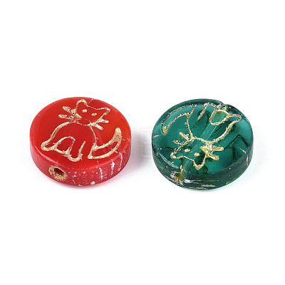 Flat Round with Cat Shape Glass Beads GLAA-T025-31M-1