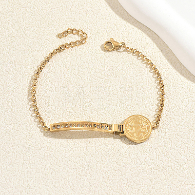 201 Stainless Steel Crystal Rhinestone Arc Bar Saint Benedict Medal Link Bracelets for Women RJ1740-1