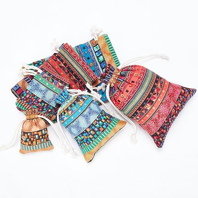  12Pcs 12 Styles Bohemian Rectangle Geometric Print Linenette Drawstring Bags ABAG-NB0001-89-1