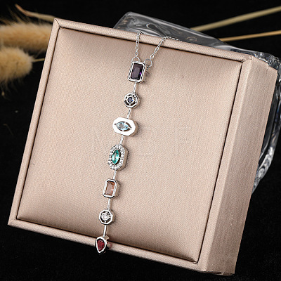 304 Stainless Steel Pave Cubic Zirconia Rectangle Oval Drop Pendant Long Tassel Necklaces FS-WGDB594-02-1
