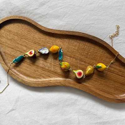 Ocean Resin Fruit Fish Link Chain Necklaces with Alloy Bar Links for Women WG7A601-01-1