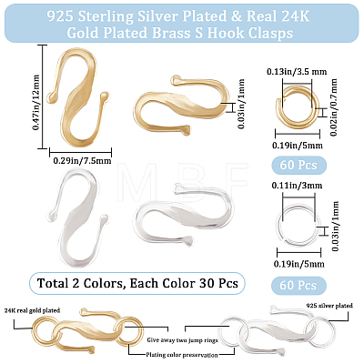 CREATCABIN 60Pcs 2 Color Brass S Hook Clasps KK-CN0002-84-1