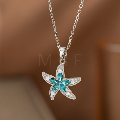 Ocean Brass Pave Turquoise Cubic Zirconia & Imitation Pearl Starfish Pendant 304 Stainless Steel Cable Chain Necklaces for Women WGB0B07-02-1