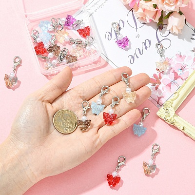 20Pcs Transparent Glass & ABS Plastic Pearl Butterfly Pendant Decorations HJEW-YW00269-1
