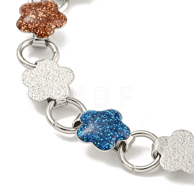 304 Stainless Steel Enamel Flower Link Chain Bracelets with Glitter Powder BJEW-S153-05P-03-1