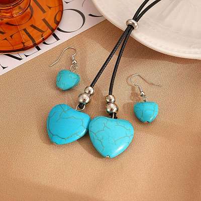 Alloy & Synthetic Turquoise & Imitation Leather Cord Pendant Necklaces & Dangle Earrings Sets FS-WG3CE4D-01-1