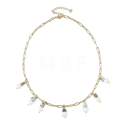 Natural Larimar Chip and Pearl Tassel 304 Stainless Steel Paperclip Chain Necklaces for Women NJEW-JN06528-02-1
