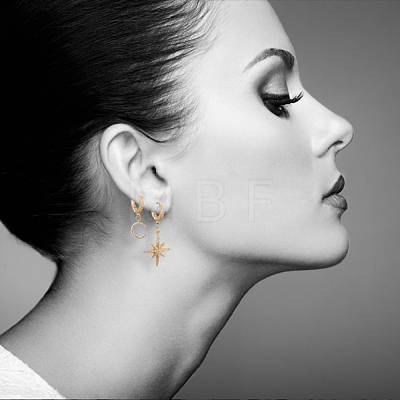 Star and Moon Asymmetrical Dangle Hoop Earrings EJEW-JE04031-02-1