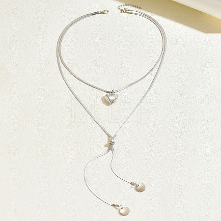 Minimalist European Style Stainless Steel & Alloy Heart Pendant Snake Chain Y-Shaped Double Layer Necklace for Women Daily Wear Gift ZC6698-2-1