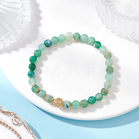 Natural Green Banded Agate(Dyed & Heated) & Brass Round Beaded Stretch Bracelets for Women BJEW-JB12265-02-1