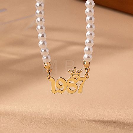Alloy Crown Birth Year Pendant Imitation Pearl Round White Beaded Necklaces for Women FS-WG173C9-27-1