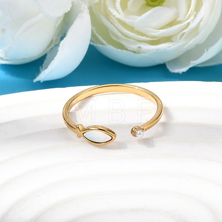 304 Stainless Steel & Natural Shell & Imitation Pearl Cuff Rings for Women RJEW-G372-01G-06-1
