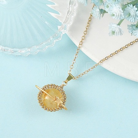 Natural Yellow Hematoid Quartz Copper Wire Wrapped Planet Pendant Brass Cable Chain Necklaces for Women NJEW-TA00260-03-1