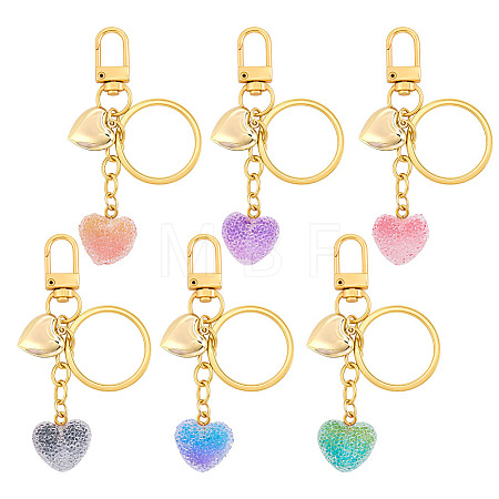 6Pcs 6 Colors Transparent Resin with 304 Stainless Steel Heart Pendant Keychain KEYC-AR00010-1