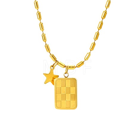 304 Stainless Steel Checkered Rectangle & Star Pendant Necklaces for Women WG3A458-01-1