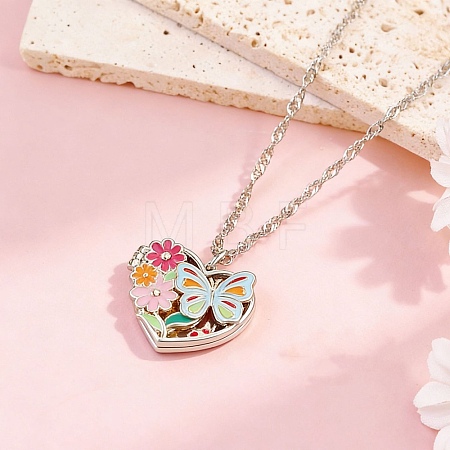 Brass Colorful Enamel Hollow Flower Butterfly Heart Locket Pendant Necklaces for Women WG264A9-02-1