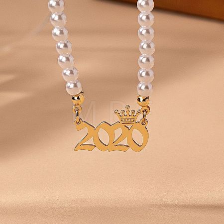 Alloy Crown Birth Year Pendant Imitation Pearl Round White Beaded Necklaces for Women FS-WG173C9-17-1