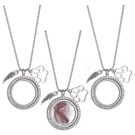 3Pcs Alloy Crystal Rhinestone Wing Paw Print and Glass Magnetic Flat Round Locket Pendant Ball Chain Necklaces for Women NJEW-DR00042-1