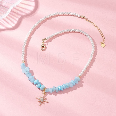 Alloy Crystal Rhinestone Star Pendant Natural White Jade Chip and Round White Glass Pearl Beaded Necklaces NJEW-JN05696-02-1