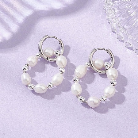 Natural Freshwater Pearl & Synthetic Hematite Bead & 202 Stainless Steel Hoop Earrings EJEW-JE07228-1