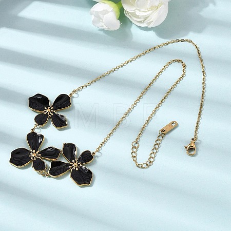 304 Stainless Steel Enamel Black Flower Bib Necklaces for Women NJEW-P352-01G-1