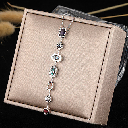 304 Stainless Steel Pave Cubic Zirconia Rectangle Oval Drop Pendant Long Tassel Necklaces FS-WGDB594-02-1