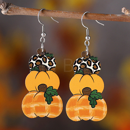 Thanksgiving Day Pumpkin Stainless Steel Wood Dangle Earrings FS-WG285B1-04-1