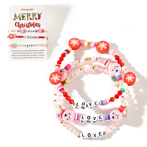 3Pcs Christmas Theme Handmade Polymer Clay & Glass Bicone Beads Stretch Bracelet Sets QY3550-12-1