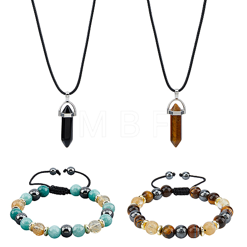 FIBLOOM Natural Mixed Gemstone Bullet Pendant Necklaces & Braided Bead Bracelet SJEW-FI0001-12-1