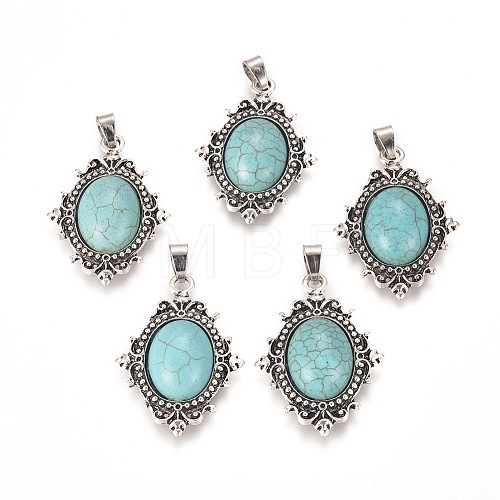 Oval Antique Silver Plated Alloy Synthetic Turquoise Pendants PALLOY-J502B-04AS-1