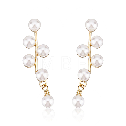 1 Pair ABS Plastic Imitation Pearl Beaded Leafy Branch Dangle Stud Earrings EJEW-AN0001-51-1