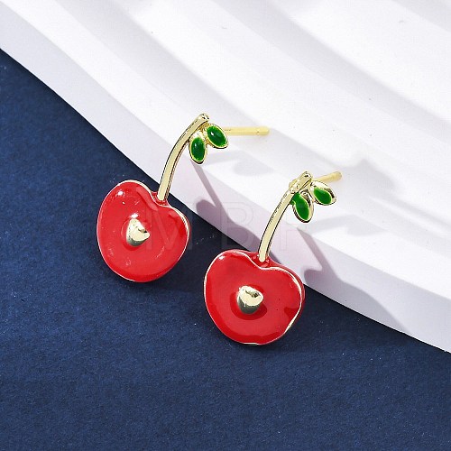 Cherry Brass Enamel Stud Earrings for Women EJEW-G425-02G-1