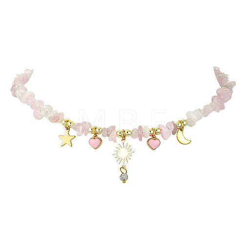 Alloy Enamel & 304 Stainless Steel & Brass Bib Necklace with Natural Rose Quartz Chip Beaded Chains NJEW-JN04434-1