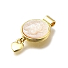 Brass Pave Natural White Shell Flat Round with Heart Pendants KK-C090-37G-07-3