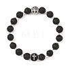Natural Lava Rock Round Beaded Stretch Bracelets with 304 Stainless Steel Cross Tree of Life for Women BJEW-JB14251-3