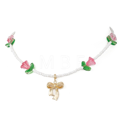 Alloy Bowknot Pendant Tulip Flower Glass Seed Beaded Necklaces for Women NJEW-MZ00148-1